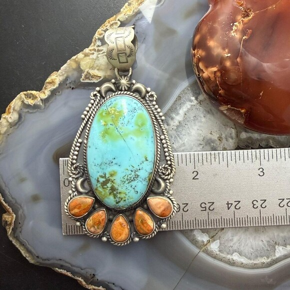 Sterling Southwestern Style Oval Turquoise & Spiny Oyster Pendant For Women - Picture 9 of 10